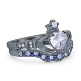 Claddagh Accent Heart Wedding Bridal Set Piece Ring Band Round Blue Sapphire Simulated Cubic Zirconia 925 Sterling Silver