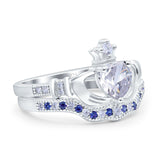 Claddagh Accent Heart Wedding Bridal Set Piece Ring Band Round Blue Sapphire Simulated Cubic Zirconia 925 Sterling Silver