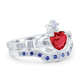 Claddagh Accent Heart Wedding Bridal Set Piece Ring Band Round Blue Sapphire Simulated Cubic Zirconia 925 Sterling Silver