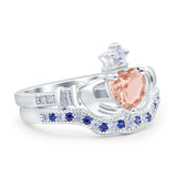 Claddagh Accent Heart Wedding Bridal Set Piece Ring Band Round Blue Sapphire Simulated Cubic Zirconia 925 Sterling Silver