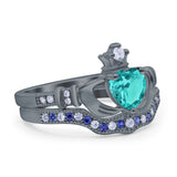 Claddagh Accent Heart Wedding Bridal Set Piece Ring Band Round Blue Sapphire Simulated Cubic Zirconia 925 Sterling Silver