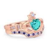 Claddagh Accent Heart Wedding Bridal Set Piece Ring Band Round Blue Sapphire Simulated Cubic Zirconia 925 Sterling Silver