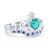 Claddagh Accent Heart Wedding Bridal Set Piece Ring Band Round Blue Sapphire Simulated Cubic Zirconia 925 Sterling Silver