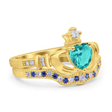 Claddagh Accent Heart Wedding Bridal Set Piece Ring Band Round Blue Sapphire Simulated Cubic Zirconia 925 Sterling Silver