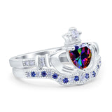 Claddagh Accent Heart Wedding Bridal Set Piece Ring Band Round Blue Sapphire Simulated Cubic Zirconia 925 Sterling Silver