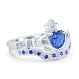 Claddagh Accent Heart Wedding Bridal Set Piece Ring Band Round Blue Sapphire Simulated Cubic Zirconia 925 Sterling Silver