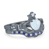 Claddagh Accent Heart Wedding Bridal Set Piece Ring Band Round Blue Sapphire Simulated Cubic Zirconia 925 Sterling Silver