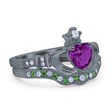 Claddagh Accent Heart Wedding Bridal Set Piece Ring Band Round Green Emerald Simulated Cubic Zirconia 925 Sterling Silver