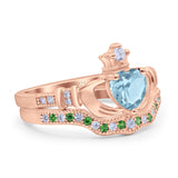 Claddagh Accent Heart Wedding Bridal Set Piece Ring Band Round Green Emerald Simulated Cubic Zirconia 925 Sterling Silver