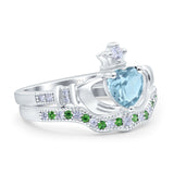 Claddagh Accent Heart Wedding Bridal Set Piece Ring Band Round Green Emerald Simulated Cubic Zirconia 925 Sterling Silver