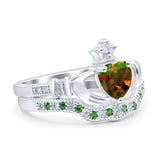 Claddagh Accent Heart Wedding Bridal Set Piece Ring Band Round Green Emerald Simulated Cubic Zirconia 925 Sterling Silver