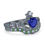 Claddagh Accent Heart Wedding Bridal Set Piece Ring Band Round Green Emerald Simulated Cubic Zirconia 925 Sterling Silver