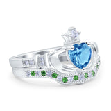 Claddagh Accent Heart Wedding Bridal Set Piece Ring Band Round Green Emerald Simulated Cubic Zirconia 925 Sterling Silver