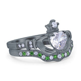 Claddagh Accent Heart Wedding Bridal Set Piece Ring Band Round Green Emerald Simulated Cubic Zirconia 925 Sterling Silver