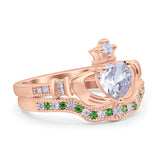 Claddagh Accent Heart Wedding Bridal Set Piece Ring Band Round Green Emerald Simulated Cubic Zirconia 925 Sterling Silver