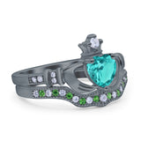 Claddagh Accent Heart Wedding Bridal Set Piece Ring Band Round Green Emerald Simulated Cubic Zirconia 925 Sterling Silver