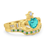 Claddagh Accent Heart Wedding Bridal Set Piece Ring Band Round Green Emerald Simulated Cubic Zirconia 925 Sterling Silver