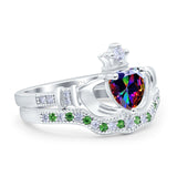 Claddagh Accent Heart Wedding Bridal Set Piece Ring Band Round Green Emerald Simulated Cubic Zirconia 925 Sterling Silver