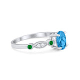 Vintage Style Oval Bridal Wedding Engagement Ring Round Green Emerald Simulated Cubic Zirconia 925 Sterling Silver