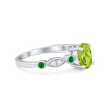 Vintage Style Oval Bridal Wedding Engagement Ring Round Green Emerald Simulated Cubic Zirconia 925 Sterling Silver