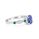 Vintage Style Oval Bridal Wedding Engagement Ring Round Green Emerald Simulated Cubic Zirconia 925 Sterling Silver