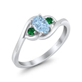 Three Stone Engagement Ring Oval Cut Round Simulated Green Emerald Cubic Zirconia 925 Sterling Silver