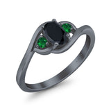 Three Stone Engagement Ring Oval Cut Round Simulated Green Emerald Cubic Zirconia 925 Sterling Silver