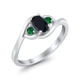 Three Stone Engagement Ring Oval Cut Round Simulated Green Emerald Cubic Zirconia 925 Sterling Silver