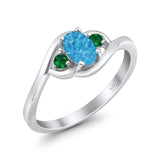 Three Stone Engagement Ring Oval Cut Round Simulated Green Emerald Cubic Zirconia 925 Sterling Silver