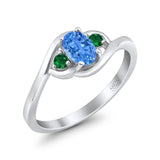 Three Stone Engagement Ring Oval Cut Round Simulated Green Emerald Cubic Zirconia 925 Sterling Silver
