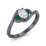 Three Stone Engagement Ring Oval Cut Round Simulated Green Emerald Cubic Zirconia 925 Sterling Silver