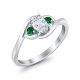 Three Stone Engagement Ring Oval Cut Round Simulated Green Emerald Cubic Zirconia 925 Sterling Silver