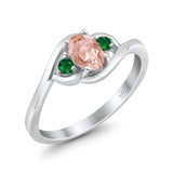 Three Stone Engagement Ring Oval Cut Round Simulated Green Emerald Cubic Zirconia 925 Sterling Silver
