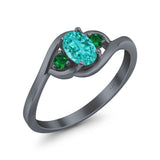 Three Stone Engagement Ring Oval Cut Round Simulated Green Emerald Cubic Zirconia 925 Sterling Silver