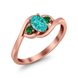 Three Stone Engagement Ring Oval Cut Round Simulated Green Emerald Cubic Zirconia 925 Sterling Silver