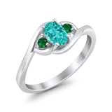 Three Stone Engagement Ring Oval Cut Round Simulated Green Emerald Cubic Zirconia 925 Sterling Silver