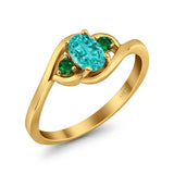 Three Stone Engagement Ring Oval Cut Round Simulated Green Emerald Cubic Zirconia 925 Sterling Silver