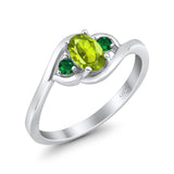 Three Stone Engagement Ring Oval Cut Round Simulated Green Emerald Cubic Zirconia 925 Sterling Silver