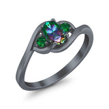 Three Stone Engagement Ring Oval Cut Round Simulated Green Emerald Cubic Zirconia 925 Sterling Silver