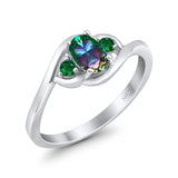 Three Stone Engagement Ring Oval Cut Round Simulated Green Emerald Cubic Zirconia 925 Sterling Silver