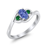 Three Stone Engagement Ring Oval Cut Round Simulated Green Emerald Cubic Zirconia 925 Sterling Silver