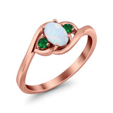 Three Stone Engagement Ring Oval Cut Round Simulated Green Emerald Cubic Zirconia 925 Sterling Silver