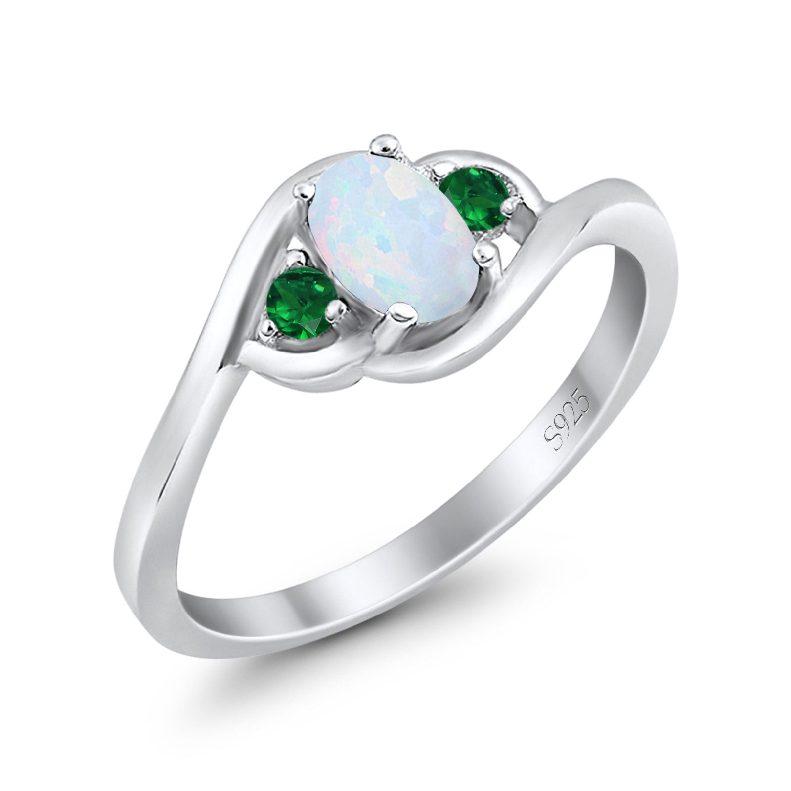 Three Stone Engagement Ring Oval Cut Round Simulated Green Emerald Cubic Zirconia 925 Sterling Silver