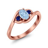 Three Stone Engagement Ring Oval Cut Round Simulated Blue Sapphire Cubic Zirconia 925 Sterling Silver