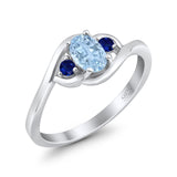 Three Stone Engagement Ring Oval Cut Round Simulated Blue Sapphire Cubic Zirconia 925 Sterling Silver