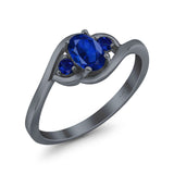 Three Stone Engagement Ring Oval Cut Round Simulated Blue Sapphire Cubic Zirconia 925 Sterling Silver