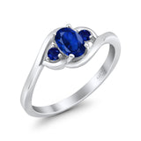Three Stone Engagement Ring Oval Cut Round Simulated Blue Sapphire Cubic Zirconia 925 Sterling Silver