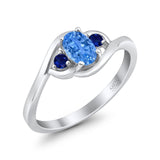 Three Stone Engagement Ring Oval Cut Round Simulated Blue Sapphire Cubic Zirconia 925 Sterling Silver