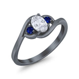 Three Stone Engagement Ring Oval Cut Round Simulated Blue Sapphire Cubic Zirconia 925 Sterling Silver