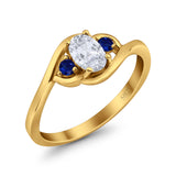 Three Stone Engagement Ring Oval Cut Round Simulated Blue Sapphire Cubic Zirconia 925 Sterling Silver